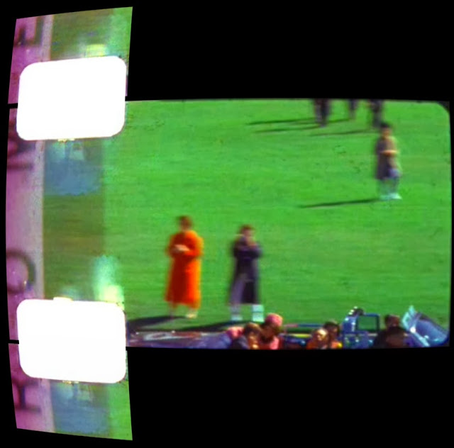 Zapruder frame Z301 ... Mary Moorman in purple next to Jean Hill in red_using the photographs she took as the limousine went by, she could not be standing on the grass...